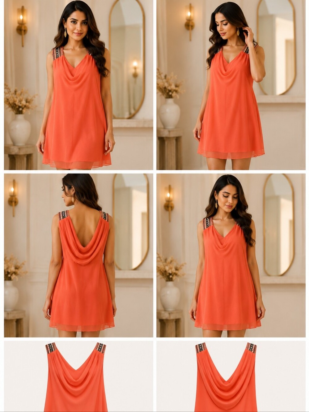 Andrew Charles Coral Orange Cowl Neck Mini Dress with Embellished Straps